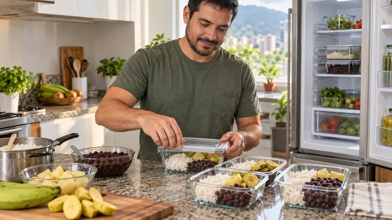 Hombre guardando arroz, caraotas, papa y plátano en recipientes poco profundos para refrigerarlos