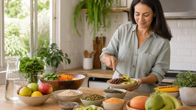 Mujer preparando un plato con caraotas, vegetales, frutas, avena y semillas para aumentar la fibra gradualmente