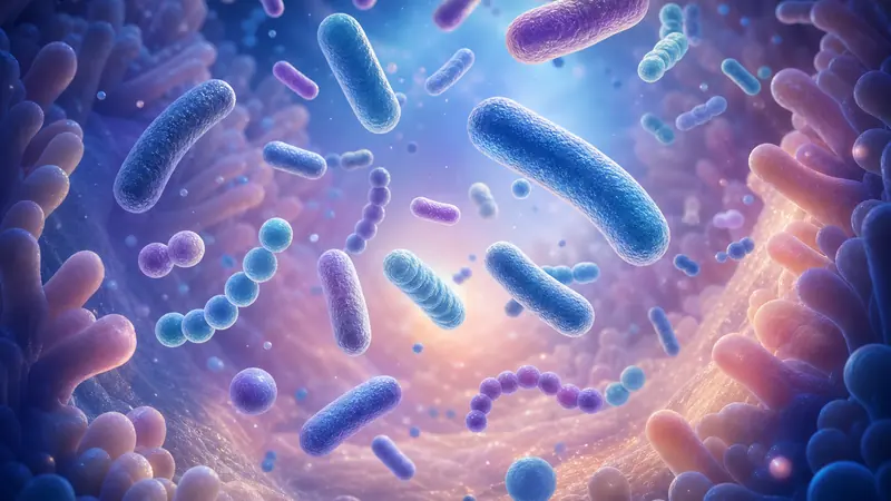 Ilustración científica de diversas bacterias beneficiosas en un entorno intestinal