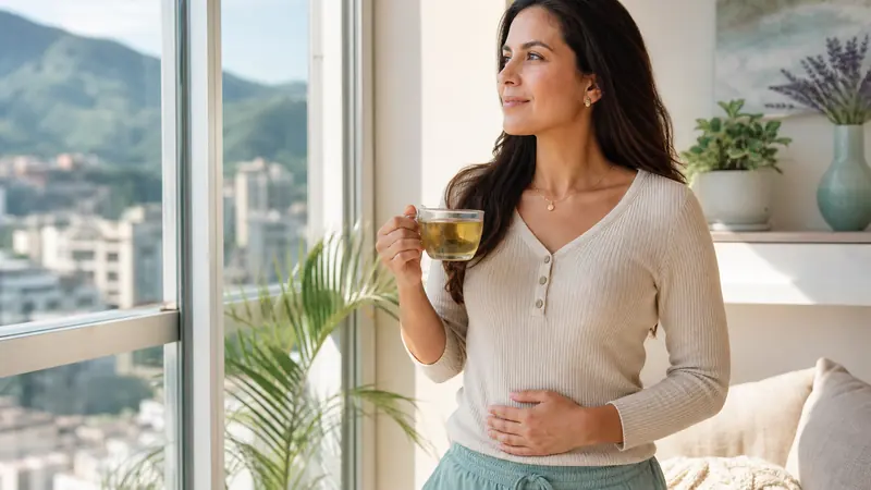 Mujer en un momento de calma que representa la relación entre estrés, intestino y bienestar