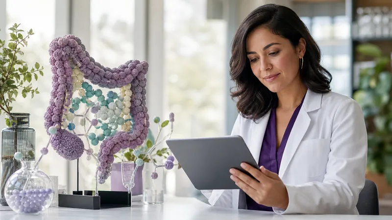 Investigadora revisando información sobre microbiota intestinal y señalización molecular