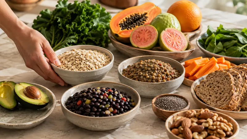 Alimentos con distintos tipos de fibra como avena, caraotas, lentejas, frutas, vegetales y semillas