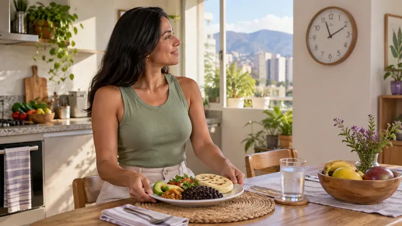 Mujer sirviendo una comida con arepa, caraotas y vegetales cerca de un reloj de pared
