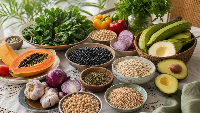 Variedad de alimentos ricos en fibra como granos, vegetales, frutas y legumbres