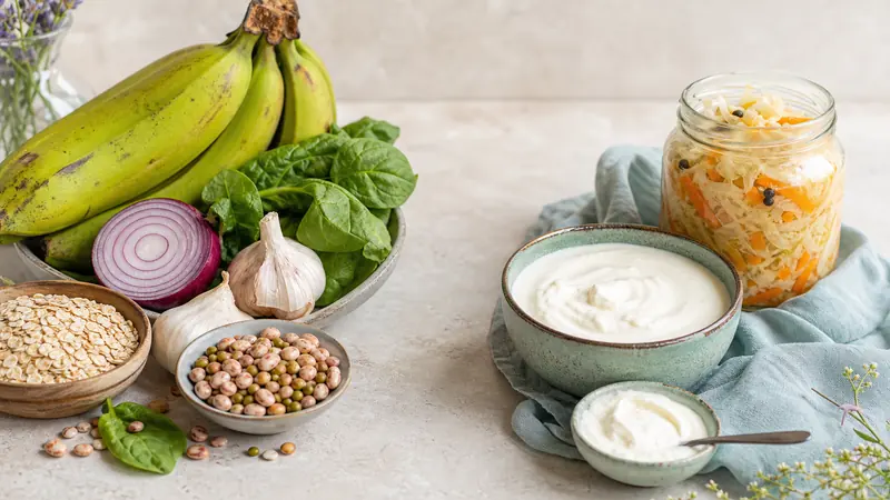 Alimentos fuente de fibra junto a yogur y vegetales fermentados