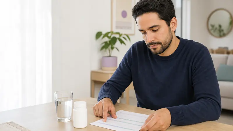 Hombre organizando responsablemente el horario de un tratamiento junto a un vaso de agua