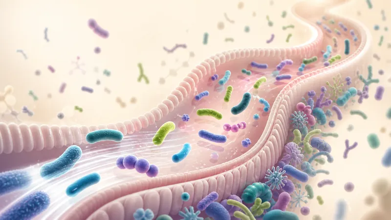 Ilustración de microorganismos desplazándose por un entorno intestinal diverso
